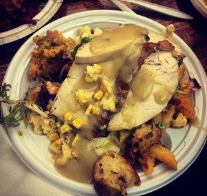 My plate of Thanksgiving potluck dinner in the office