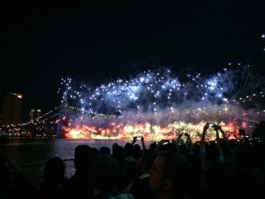 Fourth of July fireworks over Brooklyn Bridge