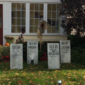 Graveyard halloween decorations on front lawn