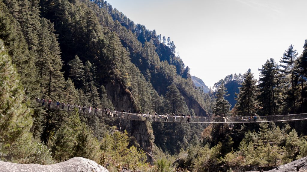 High suspension bridges in Nepal on the way to Everest Base Camp