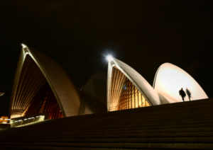 Sydney Opera House lit up at night