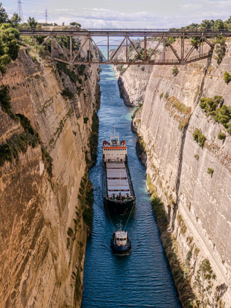 Corinth Canal with ship passing through