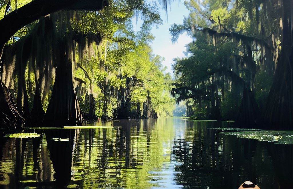 Kayaking in a swamp, image created by AI