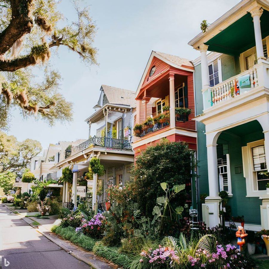 Garden District, Magazine Street. Beautiful colourful houses. Image created by AI