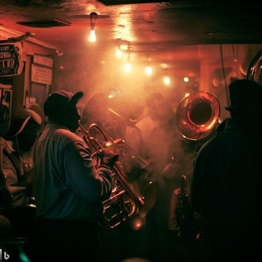 Hot 8 Brass Band playing in a bar in New Orleans, image created by AI
