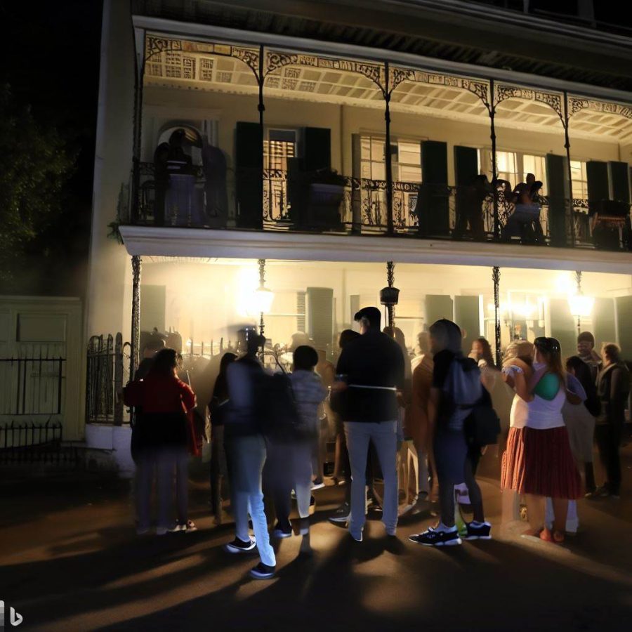 Ghost tour with a boring guide, image created by AI